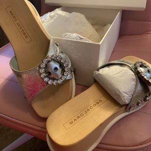 MARC JACOBS silver slides/ sandals with rhinestone buckle detail size 6US 36EU